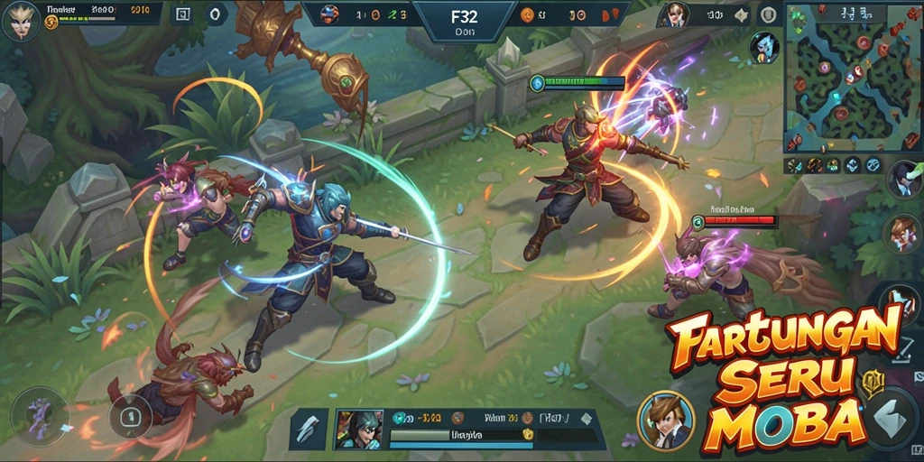 Gameplay seru di F32 dengan pertarungan MOBA intens.