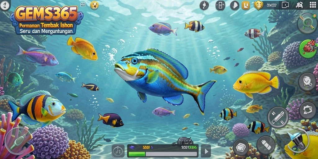 Screenshot gameplay GEMS365 dengan aksi tembak ikan yang seru.
