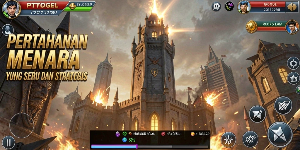 Tangkapan layar gameplay PTTOGEL menampilkan aksi menara bertahan yang menarik.
