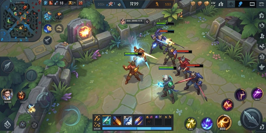 Tangkapan layar gameplay RT99 yang menunjukkan pertarungan tim MOBA.