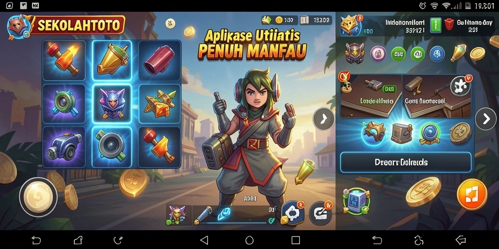 Tampilan antarmuka aplikasi SEKOLAHTOTO dengan fitur utilitas.